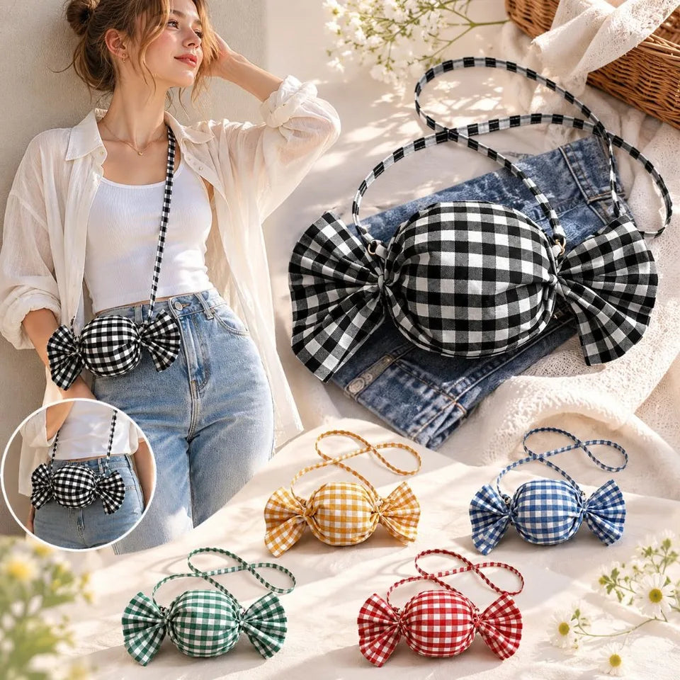 Fashion Candy Shape Women Crossbody Bag Bow Decor Plaid Shoulder Bag Mini Sweet Coin Purse Daily Dating Shopping