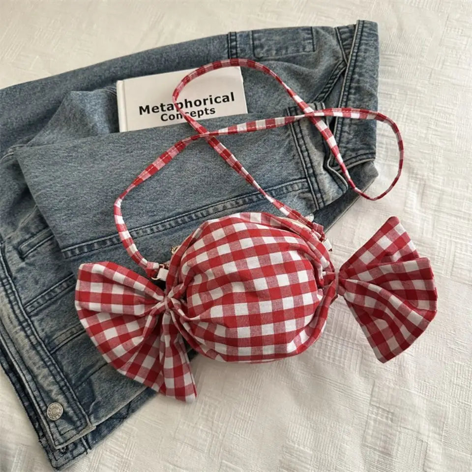 Fashion Candy Shape Women Crossbody Bag Bow Decor Plaid Shoulder Bag Mini Sweet Coin Purse Daily Dating Shopping