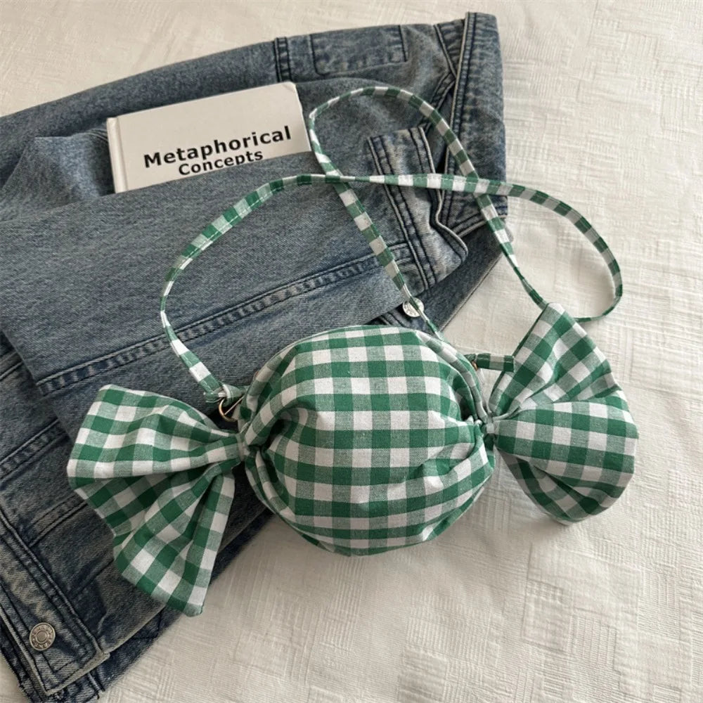 Fashion Candy Shape Women Crossbody Bag Bow Decor Plaid Shoulder Bag Mini Sweet Coin Purse Daily Dating Shopping