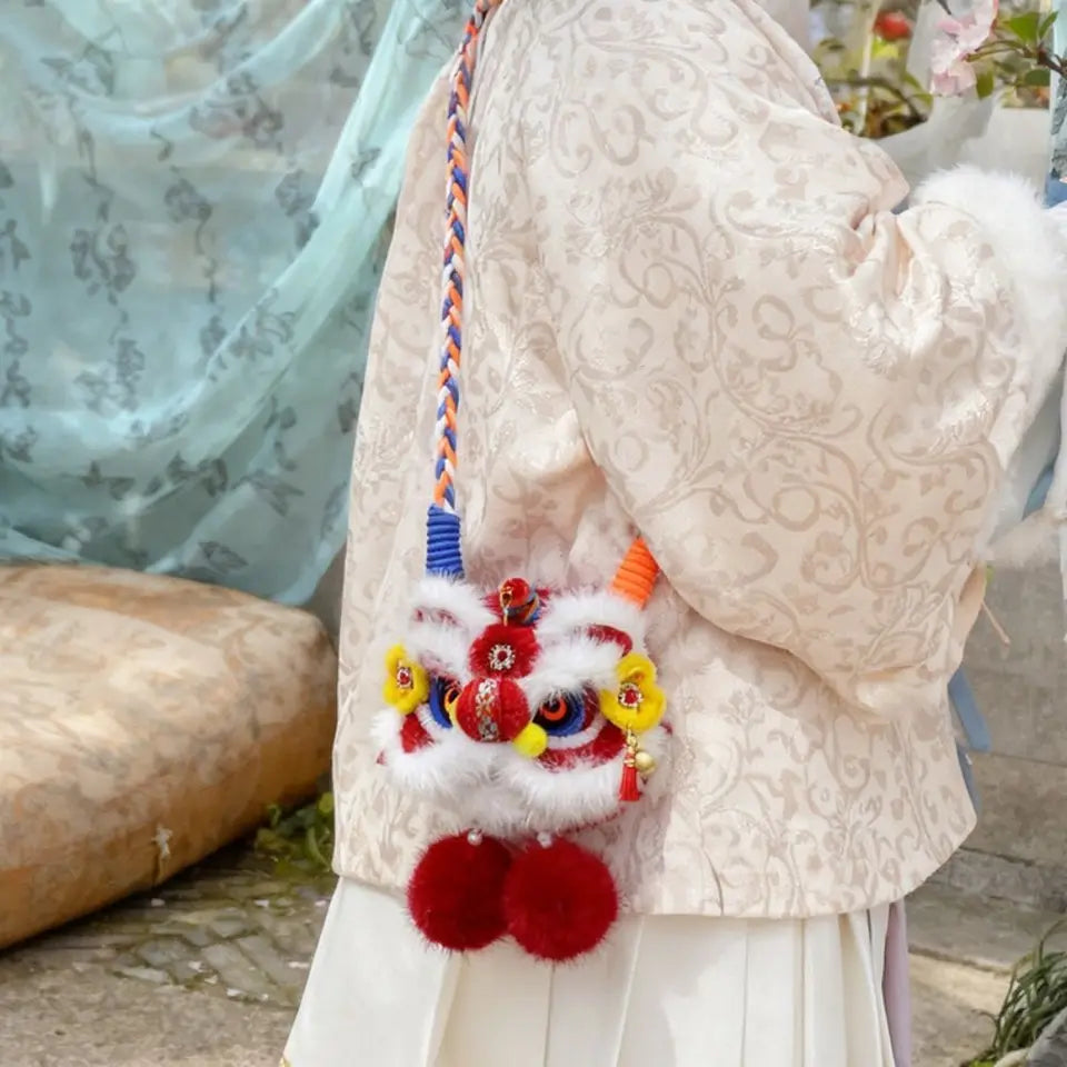 New Handmade Kintted New Year Shoulder Bag Personality Spring Festival Coin Purse Red Color Children's Lion Bag