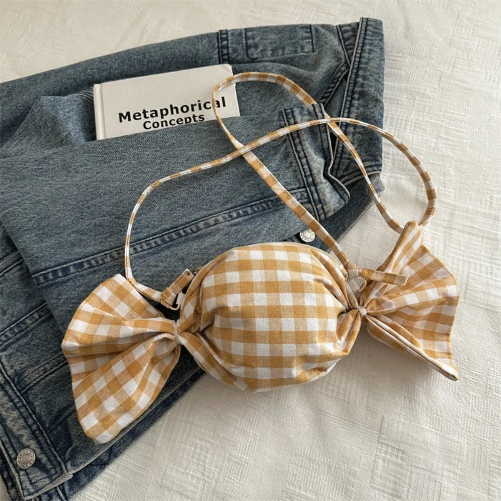 Fashion Candy Shape Women Crossbody Bag Bow Decor Plaid Shoulder Bag Mini Sweet Coin Purse Daily Dating Shopping