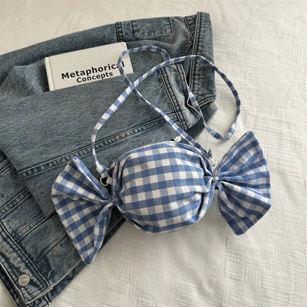 Fashion Candy Shape Women Crossbody Bag Bow Decor Plaid Shoulder Bag Mini Sweet Coin Purse Daily Dating Shopping