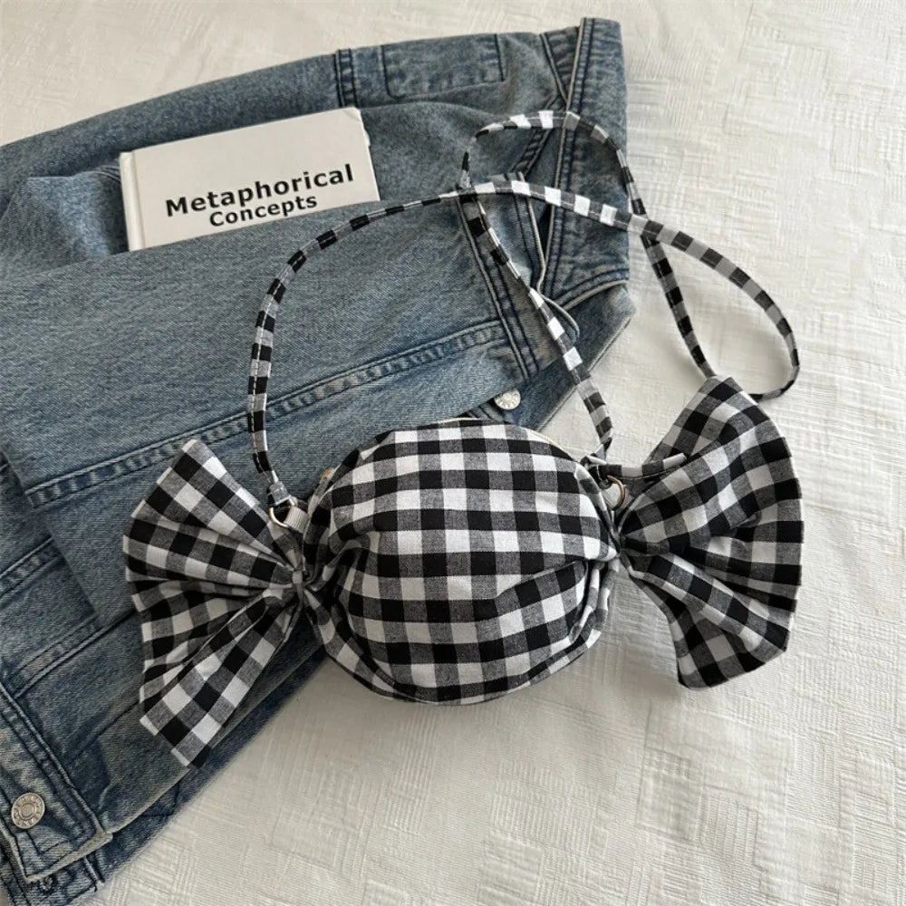 Fashion Candy Shape Women Crossbody Bag Bow Decor Plaid Shoulder Bag Mini Sweet Coin Purse Daily Dating Shopping