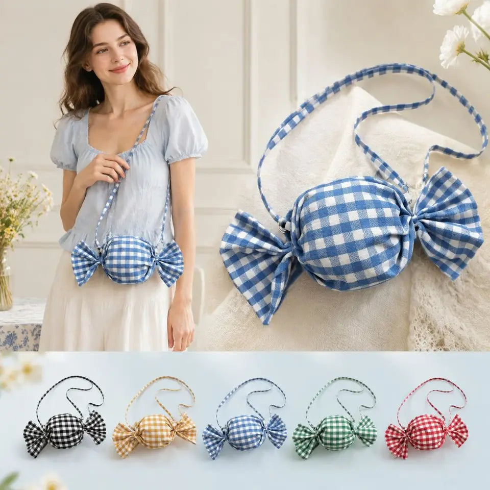Fashion Candy Shape Women Crossbody Bag Bow Decor Plaid Shoulder Bag Mini Sweet Coin Purse Daily Dating Shopping